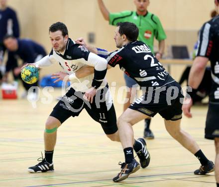 Handball Bundesliga. Aufstiegsrunde. SC Ferlach gegen ULZ Sparkasse Schwaz. Patrick Jochum, (Ferlach), Manuel Gierlinger (Schwarz). Ferlach, 9.2.2013.
Foto: Kuess
---
pressefotos, pressefotografie, kuess, qs, qspictures, sport, bild, bilder, bilddatenbank