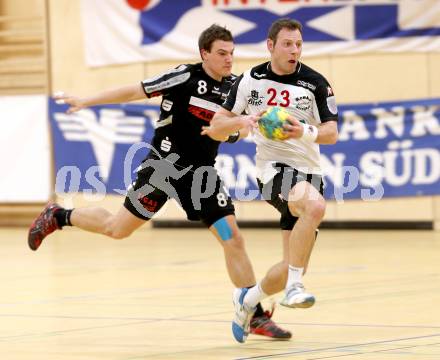 Handball Bundesliga. Aufstiegsrunde. SC Ferlach gegen ULZ Sparkasse Schwaz. Boris Vodisek, (Ferlach), Philip Zangerl  (Schwarz). Ferlach, 9.2.2013.
Foto: Kuess
---
pressefotos, pressefotografie, kuess, qs, qspictures, sport, bild, bilder, bilddatenbank