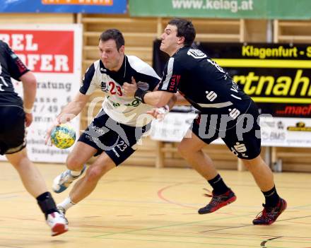 Handball Bundesliga. Aufstiegsrunde. SC Ferlach gegen ULZ Sparkasse Schwaz. Boris Vodisek, (Ferlach), Philip Zangerl  (Schwarz). Ferlach, 9.2.2013.
Foto: Kuess
---
pressefotos, pressefotografie, kuess, qs, qspictures, sport, bild, bilder, bilddatenbank