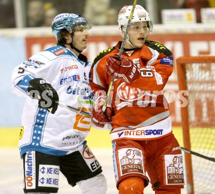 EBEL. Eishockey Bundesliga. EC KAC gegen EHC LIWEST Linz.  Stephan Geier,  (KAC), Franklin MacDonald (Linz). Klagenfurt, am 13.2.2013.
Foto: Kuess 


---
pressefotos, pressefotografie, kuess, qs, qspictures, sport, bild, bilder, bilddatenbank