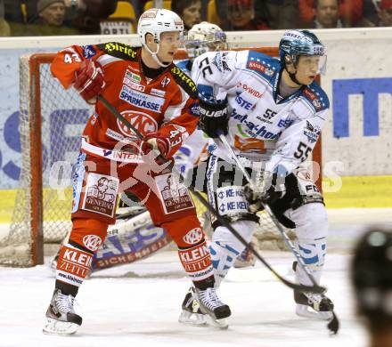 EBEL. Eishockey Bundesliga. EC KAC gegen EHC LIWEST Linz.  Tomislav Zanoski,  (KAC), Robert Lukas (Linz). Klagenfurt, am 13.2.2013.
Foto: Kuess 


---
pressefotos, pressefotografie, kuess, qs, qspictures, sport, bild, bilder, bilddatenbank