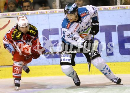 EBEL. Eishockey Bundesliga. EC KAC gegen EHC LIWEST Linz.  Martin Schumnig,  (KAC), Patrick Leahy (Linz). Klagenfurt, am 13.2.2013.
Foto: Kuess 


---
pressefotos, pressefotografie, kuess, qs, qspictures, sport, bild, bilder, bilddatenbank