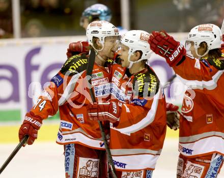 EBEL. Eishockey Bundesliga. EC KAC gegen EHC LIWEST Linz.  Torjubel Jamie Lundmark, Thomas Koch, John Lammers (KAC). Klagenfurt, am 13.2.2013.
Foto: Kuess 


---
pressefotos, pressefotografie, kuess, qs, qspictures, sport, bild, bilder, bilddatenbank