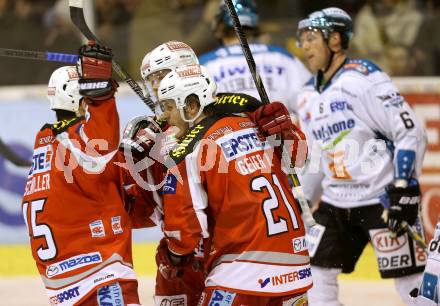 EBEL. Eishockey Bundesliga. EC KAC gegen EHC LIWEST Linz.  Torjubel Stephan Geier, Manuel Geier, David Schuller (KAC). Klagenfurt, am 13.2.2013.
Foto: Kuess 


---
pressefotos, pressefotografie, kuess, qs, qspictures, sport, bild, bilder, bilddatenbank