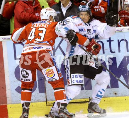 EBEL. Eishockey Bundesliga. EC KAC gegen EHC LIWEST Linz.  Tomislav Zanoski,  (KAC), Rob Hisey (Linz). Klagenfurt, am 13.2.2013.
Foto: Kuess 


---
pressefotos, pressefotografie, kuess, qs, qspictures, sport, bild, bilder, bilddatenbank