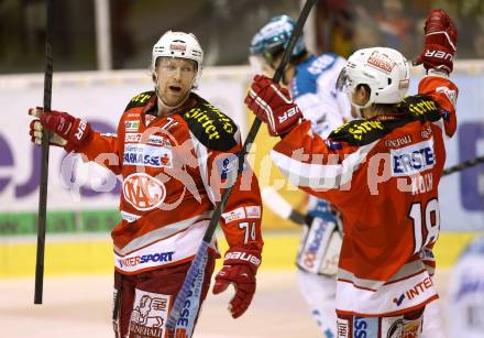 EBEL. Eishockey Bundesliga. EC KAC gegen EHC LIWEST Linz. Torjubel Jamie Lundmark, Thomas Koch  (KAC). Klagenfurt, am 13.2.2013.
Foto: Kuess 


---
pressefotos, pressefotografie, kuess, qs, qspictures, sport, bild, bilder, bilddatenbank