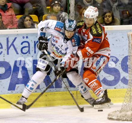 EBEL. Eishockey Bundesliga. EC KAC gegen EHC LIWEST Linz.  Manuel Geier,  (KAC), Daniel Mitterdorfer (Linz). Klagenfurt, am 13.2.2013.
Foto: Kuess 


---
pressefotos, pressefotografie, kuess, qs, qspictures, sport, bild, bilder, bilddatenbank