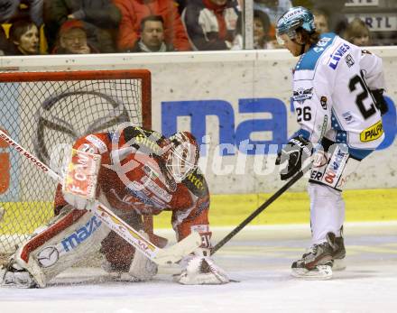 EBEL. Eishockey Bundesliga. EC KAC gegen EHC LIWEST Linz. Rene Swette,  (KAC), Rob Hisey  (Linz). Klagenfurt, am 13.2.2013.
Foto: Kuess 


---
pressefotos, pressefotografie, kuess, qs, qspictures, sport, bild, bilder, bilddatenbank