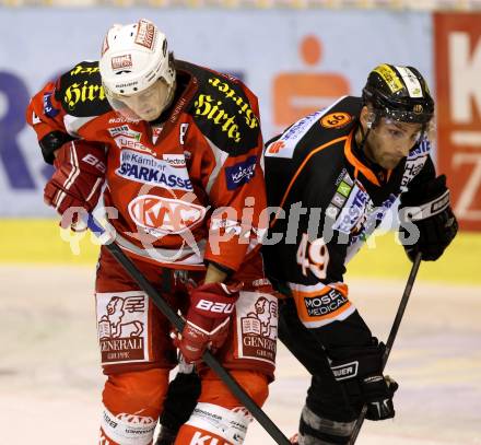 EBEL. Eishockey Bundesliga. EC KAC gegen Moser Medical Graz 99ers.   Maximilian Isopp,  (KAC), Gred Day (Graz). Klagenfurt, am 15.2.2013.
Foto: Kuess 


---
pressefotos, pressefotografie, kuess, qs, qspictures, sport, bild, bilder, bilddatenbank