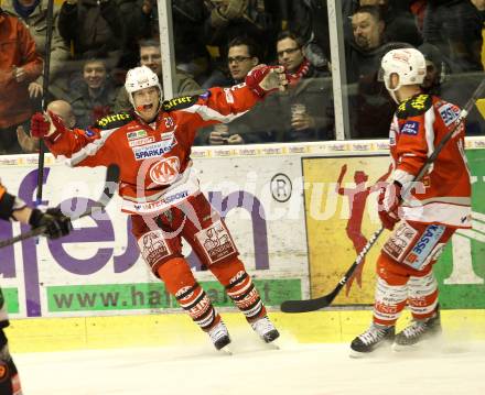 EBEL. Eishockey Bundesliga. EC KAC gegen Moser Medical Graz 99ers.   Torjubel John Lammers, Johannes Kirisits (KAC). Klagenfurt, am 15.2.2013.
Foto: Kuess 


---
pressefotos, pressefotografie, kuess, qs, qspictures, sport, bild, bilder, bilddatenbank