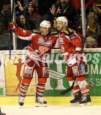 EBEL. Eishockey Bundesliga. EC KAC gegen Moser Medical Graz 99ers.   Torjubel John Lammers, Johannes Kirisits (KAC). Klagenfurt, am 15.2.2013.
Foto: Kuess 


---
pressefotos, pressefotografie, kuess, qs, qspictures, sport, bild, bilder, bilddatenbank