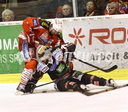 EBEL. Eishockey Bundesliga. EC KAC gegen Moser Medical Graz 99ers.   Tyler Spurgeon, (KAC),  Mario Scalzo (Graz). Klagenfurt, am 15.2.2013.
Foto: Kuess 


---
pressefotos, pressefotografie, kuess, qs, qspictures, sport, bild, bilder, bilddatenbank