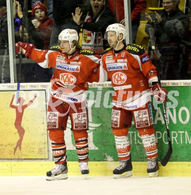 EBEL. Eishockey Bundesliga. EC KAC gegen Moser Medical Graz 99ers.   Torjubel John Lammers, Johannes Kirisits (KAC). Klagenfurt, am 15.2.2013.
Foto: Kuess 


---
pressefotos, pressefotografie, kuess, qs, qspictures, sport, bild, bilder, bilddatenbank