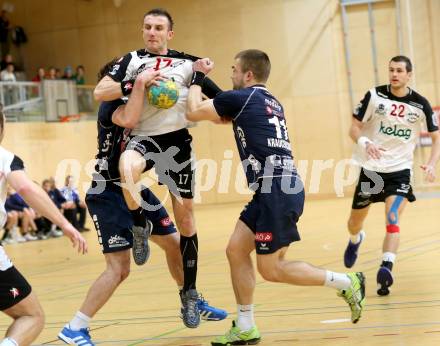 Handball Bundesliga. Aufstiegsrunde. SC Ferlach gegen HIT medalp Tirol. Izudin Mujanovic, (Ferlach), Tomas Kraucevicius (Tirol). Ferlach, 16.2.2013.
Foto: Kuess
---
pressefotos, pressefotografie, kuess, qs, qspictures, sport, bild, bilder, bilddatenbank