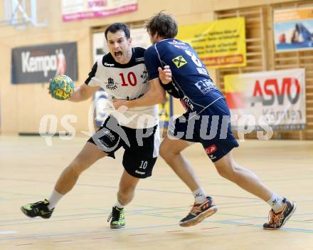 Handball Bundesliga. Aufstiegsrunde. SC Ferlach gegen HIT medalp Tirol. Miro Barisic,  (Ferlach), Christoph Walter (Tirol). Ferlach, 16.2.2013.
Foto: Kuess
---
pressefotos, pressefotografie, kuess, qs, qspictures, sport, bild, bilder, bilddatenbank