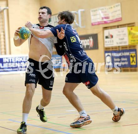 Handball Bundesliga. Aufstiegsrunde. SC Ferlach gegen HIT medalp Tirol. Miro Barisic, (Ferlach), Christoph Walter  (Tirol). Ferlach, 16.2.2013.
Foto: Kuess
---
pressefotos, pressefotografie, kuess, qs, qspictures, sport, bild, bilder, bilddatenbank