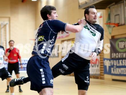 Handball Bundesliga. Aufstiegsrunde. SC Ferlach gegen HIT medalp Tirol. Patrick Jochum. (Ferlach), Maximilian Hermann (Tirol). Ferlach, 16.2.2013.
Foto: Kuess
---
pressefotos, pressefotografie, kuess, qs, qspictures, sport, bild, bilder, bilddatenbank