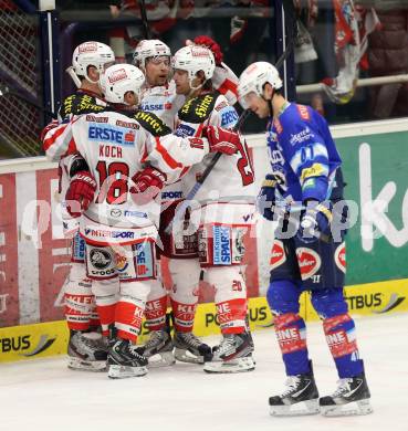 EBEL. Eishockey Bundesliga. EC VSV gegen KAC.  Torjubel Jamie Lundmark, Kirk Furey, Thomas Koch, John Lammers  (KAC). Villach, am 17.2.2013.
Foto: Kuess 


---
pressefotos, pressefotografie, kuess, qs, qspictures, sport, bild, bilder, bilddatenbank