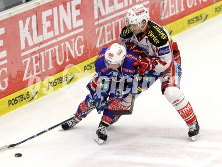 EBEL. Eishockey Bundesliga. EC VSV gegen KAC. Derek Ryan, (VSV), Stephan Geier  (KAC). Villach, am 17.2.2013.
Foto: Kuess 


---
pressefotos, pressefotografie, kuess, qs, qspictures, sport, bild, bilder, bilddatenbank