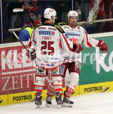 EBEL. Eishockey Bundesliga. EC VSV gegen KAC.  Torjubel Jamie Lundmark, Kirk Furey (KAC). Villach, am 17.2.2013.
Foto: Kuess 


---
pressefotos, pressefotografie, kuess, qs, qspictures, sport, bild, bilder, bilddatenbank