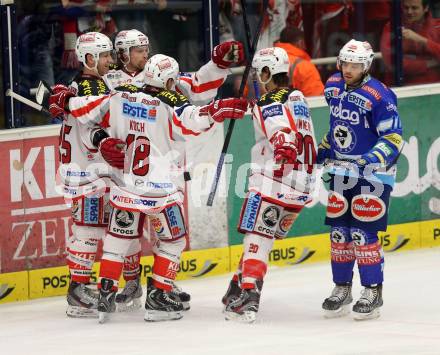 EBEL. Eishockey Bundesliga. EC VSV gegen KAC. Torjubel Jamie Lundmark, Kirk Furey, Thomas Koch, John Lammers (KAC). Villach, am 17.2.2013.
Foto: Kuess 


---
pressefotos, pressefotografie, kuess, qs, qspictures, sport, bild, bilder, bilddatenbank