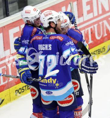 EBEL. Eishockey Bundesliga. EC VSV gegen KAC.  Torjubel Derek Ryan, John Hughes, Marco Pewal (VSV). Villach, am 17.2.2013.
Foto: Kuess 


---
pressefotos, pressefotografie, kuess, qs, qspictures, sport, bild, bilder, bilddatenbank