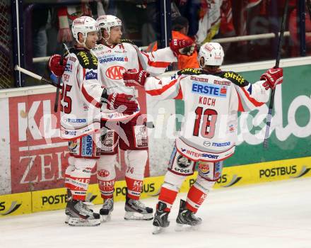 EBEL. Eishockey Bundesliga. EC VSV gegen KAC.  Torjubel Jamie Lundmark, Kirk Furey, Thomas Koch (KAC). Villach, am 17.2.2013.
Foto: Kuess 


---
pressefotos, pressefotografie, kuess, qs, qspictures, sport, bild, bilder, bilddatenbank