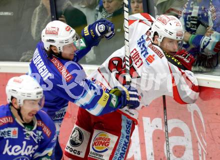 EBEL. Eishockey Bundesliga. EC VSV gegen KAC. Andreas Wiedergut,  (VSV), Kirk Furey (KAC). Villach, am 17.2.2013.
Foto: Kuess 


---
pressefotos, pressefotografie, kuess, qs, qspictures, sport, bild, bilder, bilddatenbank