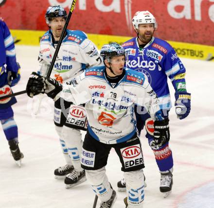 EBEL. Eishockey Bundesliga. EC VSV gegen EHC LIWEST Linz.  Torjubel Gregor Baumgartner, Patrick Leahy (Linz). Villach, am 19.2.2013.
Foto: Kuess 


---
pressefotos, pressefotografie, kuess, qs, qspictures, sport, bild, bilder, bilddatenbank