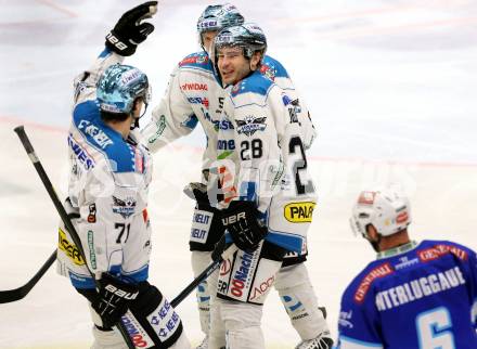 EBEL. Eishockey Bundesliga. EC VSV gegen EHC LIWEST Linz. Torjubel Patrick Leahy, Robert Lukas, Mike Ouellette (Linz). Villach, am 19.2.2013.
Foto: Kuess 


---
pressefotos, pressefotografie, kuess, qs, qspictures, sport, bild, bilder, bilddatenbank