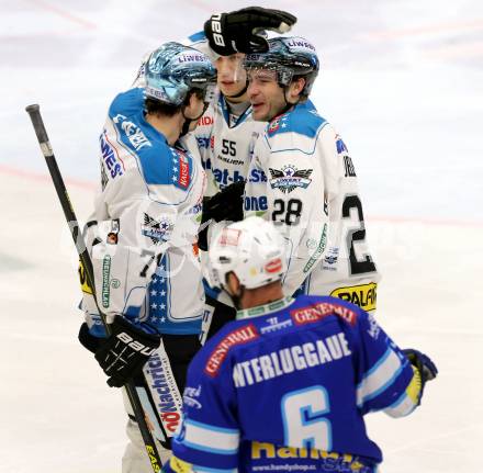 EBEL. Eishockey Bundesliga. EC VSV gegen EHC LIWEST Linz.  Torjubel Patrick Leahy, Robert Lukas, Mike Ouellette (Linz). Villach, am 19.2.2013.
Foto: Kuess 


---
pressefotos, pressefotografie, kuess, qs, qspictures, sport, bild, bilder, bilddatenbank