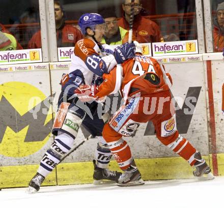 EBEL. Eishockey Bundesliga. EC KAC gegen KHL Medvescak Zagreb.  Markus Pirmann (KAC), MILLER Adam (Zagreb). Klagenfurt, am 19.2.2013.
Foto: Kuess 


---
pressefotos, pressefotografie, kuess, qs, qspictures, sport, bild, bilder, bilddatenbank