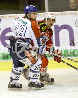 EBEL. Eishockey Bundesliga. EC KAC gegen KHL Medvescak Zagreb.  Patrick Berr, (KAC), MACAULAY Kenneth (Zagreb). Klagenfurt, am 19.2.2013.
Foto: Kuess 


---
pressefotos, pressefotografie, kuess, qs, qspictures, sport, bild, bilder, bilddatenbank