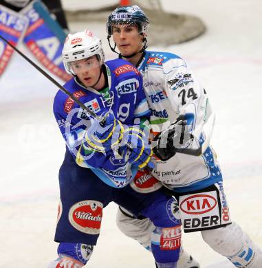 EBEL. Eishockey Bundesliga. EC VSV gegen EHC LIWEST Linz. Derek Ryan,  (VSV), Daniel Oberkofler (Linz). Villach, am 19.2.2013.
Foto: Kuess 


---
pressefotos, pressefotografie, kuess, qs, qspictures, sport, bild, bilder, bilddatenbank