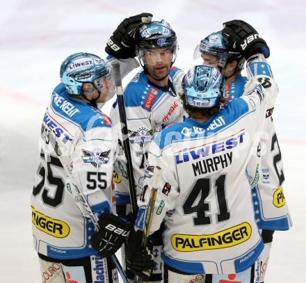 EBEL. Eishockey Bundesliga. EC VSV gegen EHC LIWEST Linz.  Torjubel Patrick Leahy, Robert Lukas, Mike Ouellette, Curtis Murphy (Linz). Villach, am 19.2.2013.
Foto: Kuess 


---
pressefotos, pressefotografie, kuess, qs, qspictures, sport, bild, bilder, bilddatenbank