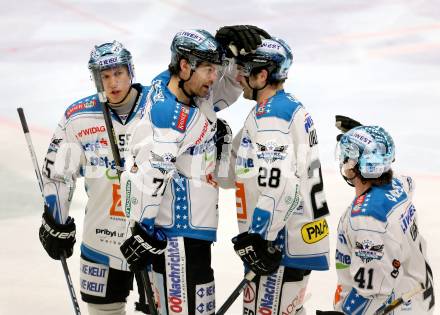 EBEL. Eishockey Bundesliga. EC VSV gegen EHC LIWEST Linz. Torjubel Patrick Leahy, Robert Lukas, Mike Ouellette  (Linz). Villach, am 19.2.2013.
Foto: Kuess 


---
pressefotos, pressefotografie, kuess, qs, qspictures, sport, bild, bilder, bilddatenbank