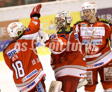 EBEL. Eishockey Bundesliga. EC KAC gegen KHL Medvescak Zagreb.  Jubel Andy Chiodo, Kirk Furey, Thomas Koch (KAC). Klagenfurt, am 19.2.2013.
Foto: Kuess 


---
pressefotos, pressefotografie, kuess, qs, qspictures, sport, bild, bilder, bilddatenbank