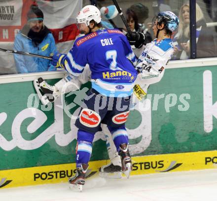 EBEL. Eishockey Bundesliga. EC VSV gegen EHC LIWEST Linz. Brad Cole,  (VSV), Daniel Oberkofler (Linz). Villach, am 19.2.2013.
Foto: Kuess 


---
pressefotos, pressefotografie, kuess, qs, qspictures, sport, bild, bilder, bilddatenbank