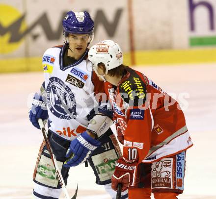 EBEL. Eishockey Bundesliga. EC KAC gegen KHL Medvescak Zagreb.  Tyler Scofield, (KAC), FRASER Curtis (Zagreb). Klagenfurt, am 19.2.2013.
Foto: Kuess 


---
pressefotos, pressefotografie, kuess, qs, qspictures, sport, bild, bilder, bilddatenbank