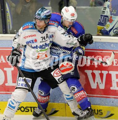 EBEL. Eishockey Bundesliga. EC VSV gegen EHC LIWEST Linz. Kevin Steiner, (VSV), Daniel Oberkofler  (Linz). Villach, am 19.2.2013.
Foto: Kuess 


---
pressefotos, pressefotografie, kuess, qs, qspictures, sport, bild, bilder, bilddatenbank