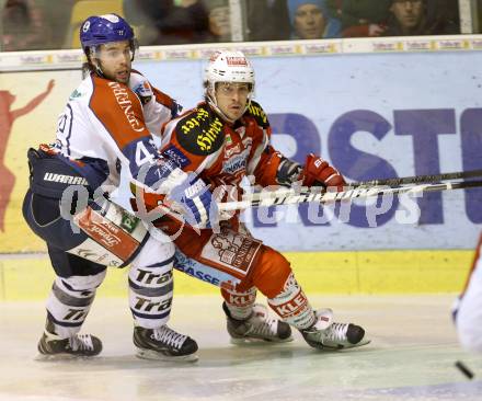 EBEL. Eishockey Bundesliga. EC KAC gegen KHL Medvescak Zagreb.  Patrick Berr, (KAC), MACAULAY Kenneth (Zagreb). Klagenfurt, am 19.2.2013.
Foto: Kuess 


---
pressefotos, pressefotografie, kuess, qs, qspictures, sport, bild, bilder, bilddatenbank