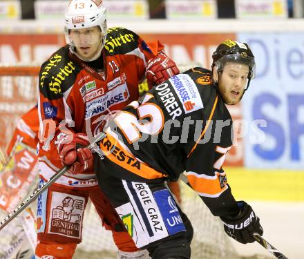 EBEL. Eishockey Bundesliga. EC KAC gegen Moser Medical Graz 99ers. Johannes Kirisits,  (KAC), Kevin Moderer (Graz). Klagenfurt, am 24.2.2013.
Foto: Kuess 


---
pressefotos, pressefotografie, kuess, qs, qspictures, sport, bild, bilder, bilddatenbank