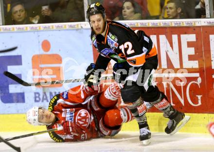 EBEL. Eishockey Bundesliga. EC KAC gegen Moser Medical Graz 99ers. Stephan Geier, (KAC),  Kevin Moderer (Graz). Klagenfurt, am 19.2.2013.
Foto: Kuess 


---
pressefotos, pressefotografie, kuess, qs, qspictures, sport, bild, bilder, bilddatenbank