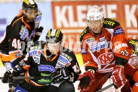 EBEL. Eishockey Bundesliga. EC KAC gegen Moser Medical Graz 99ers. Mike Siklenka,  (KAC), Olivier Labelle (Graz). Klagenfurt, am 24.2.2013.
Foto: Kuess 


---
pressefotos, pressefotografie, kuess, qs, qspictures, sport, bild, bilder, bilddatenbank