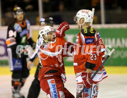 EBEL. Eishockey Bundesliga. EC KAC gegen Moser Medical Graz 99ers. Torjubel Mike Siklenka, Markus Pirmann (KAC). Klagenfurt, am 19.2.2013.
Foto: Kuess 


---
pressefotos, pressefotografie, kuess, qs, qspictures, sport, bild, bilder, bilddatenbank