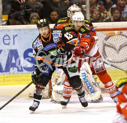 EBEL. Eishockey Bundesliga. EC KAC gegen Moser Medical Graz 99ers. Florian Iberer,  (KAC), Olivier Labelle (Graz). Klagenfurt, am 24.2.2013.
Foto: Kuess 


---
pressefotos, pressefotografie, kuess, qs, qspictures, sport, bild, bilder, bilddatenbank