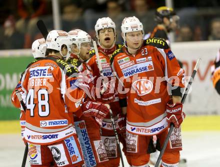 EBEL. Eishockey Bundesliga. EC KAC gegen Moser Medical Graz 99ers. Torjubel Mike Siklenka, Markus Pirmann, Thomas Hundertpfund, Florian Iberer (KAC). Klagenfurt, am 24.2.2013.
Foto: Kuess 


---
pressefotos, pressefotografie, kuess, qs, qspictures, sport, bild, bilder, bilddatenbank