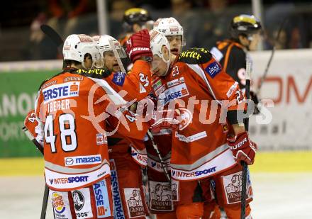 EBEL. Eishockey Bundesliga. EC KAC gegen Moser Medical Graz 99ers. Torjubel Mike Siklenka, Markus Pirmann, Thomas Hundertpfund, Florian Iberer (KAC). Klagenfurt, am 24.2.2013.
Foto: Kuess 


---
pressefotos, pressefotografie, kuess, qs, qspictures, sport, bild, bilder, bilddatenbank