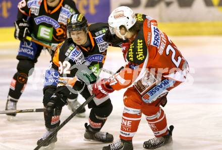 EBEL. Eishockey Bundesliga. EC KAC gegen Moser Medical Graz 99ers. Thomas Hundertpfund,  (KAC), Clemens Unterweger (Graz). Klagenfurt, am 19.2.2013.
Foto: Kuess 


---
pressefotos, pressefotografie, kuess, qs, qspictures, sport, bild, bilder, bilddatenbank