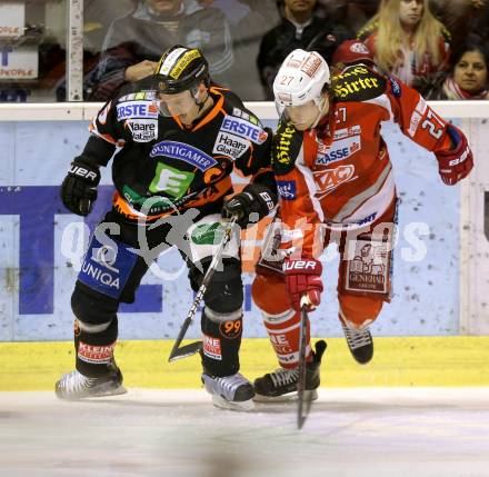 EBEL. Eishockey Bundesliga. EC KAC gegen Moser Medical Graz 99ers. Thomas Hundertpfund,  (KAC), Dustin Vanballegooie (Graz). Klagenfurt, am 24.2.2013.
Foto: Kuess 


---
pressefotos, pressefotografie, kuess, qs, qspictures, sport, bild, bilder, bilddatenbank